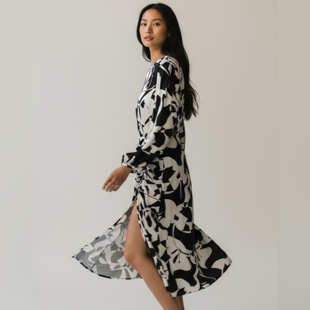 Commense Side Ruched Slit Detail Tea Length Billowy Sleeve Floral Print Dress M